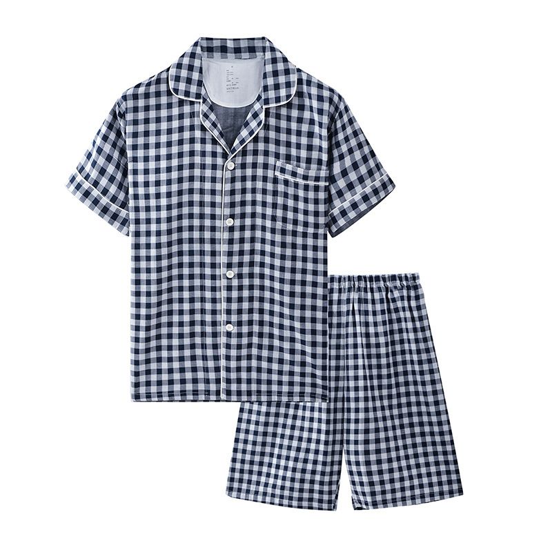Cotton Short Sleeve Japanese Leisure Sleep Shorts Set Men's Navy-short-sleeved shorts