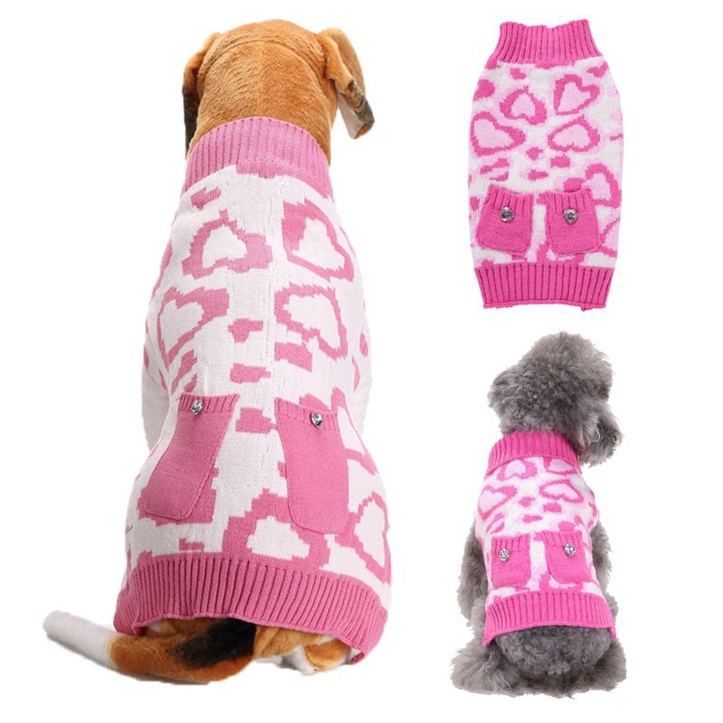 Dog Sweater Acrylic Knit Christmas Pink Heart Pocket XXS
