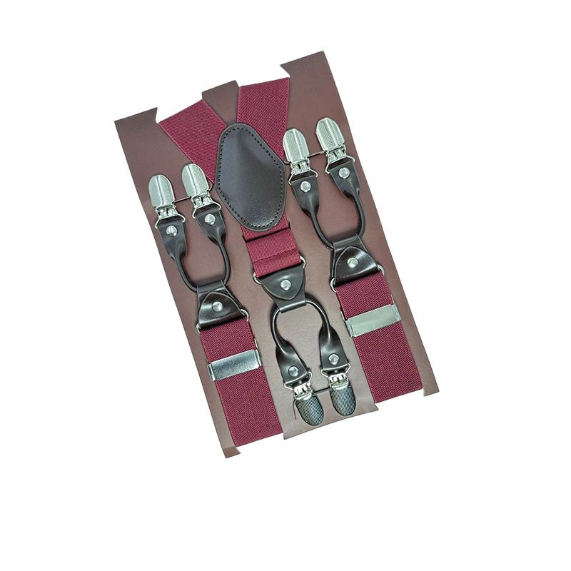 European Fan 6 Clip Men Suspenders Polyester Adjustable Wine red
