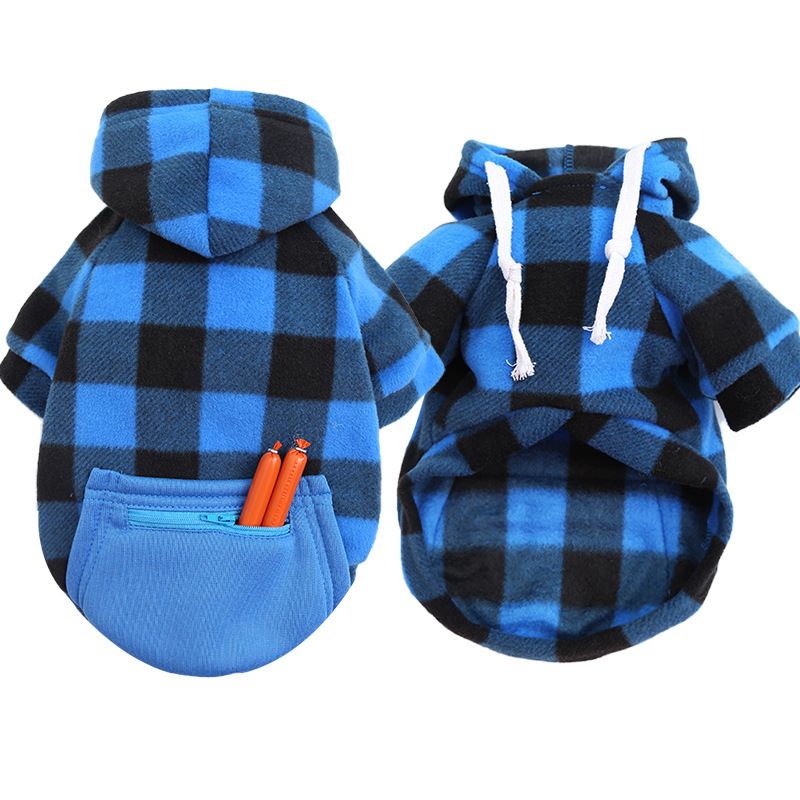 Wonderful Pet Sweater Plaid Zipper Pocket Wool Zipper Pocket Blue and Black L (chest circumference 47 back length 35cm)