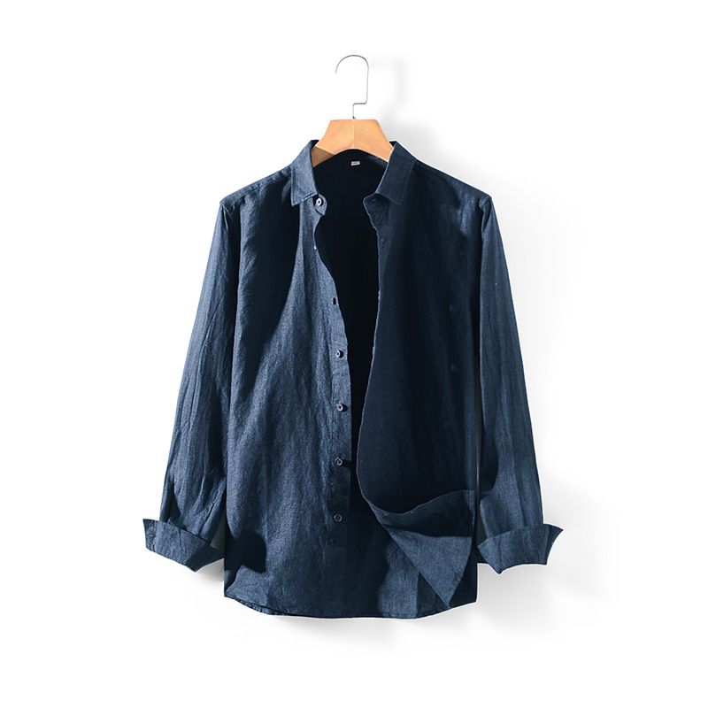 Ma Ke Linen Shirt Men Long Sleeve Lapel D031 Navy