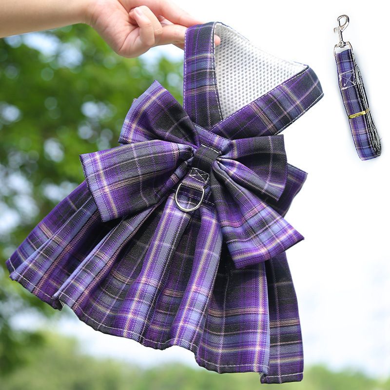 Plaid Pet Dog Cat Vest Harness with Skirt 273 skirt traction deep purple lattice XXL (recommended 7.00 kg-10.00 kg pets)