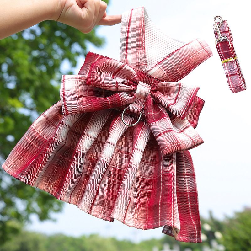 Plaid Pet Dog Cat Vest Harness with Skirt 273 Skirt Traction Wine Red Pair XXL (recommended 7.00 kg-10.00 kg pets)