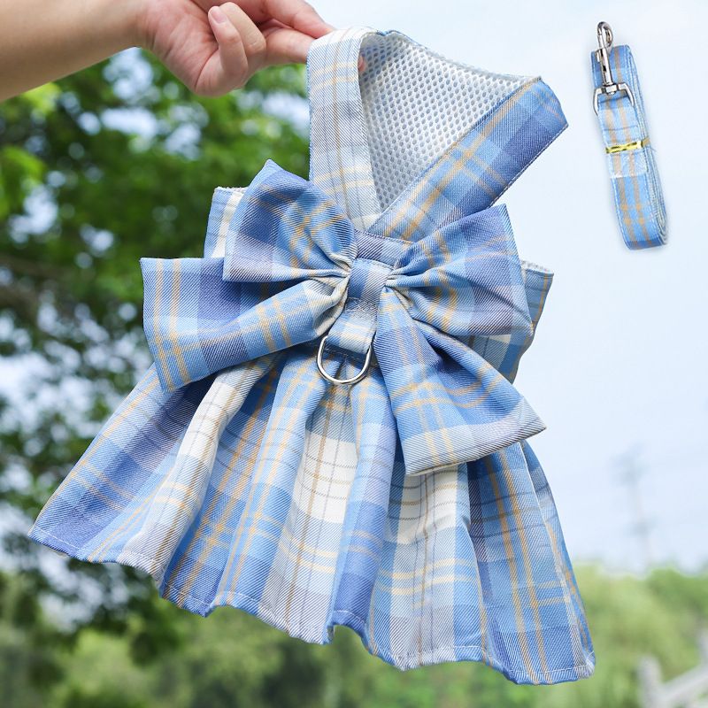 Plaid Pet Dog Cat Vest Harness with Skirt 273 Skirt Traction Sky Blue XS (recommended 0.50 kg-1.50 kg pets)
