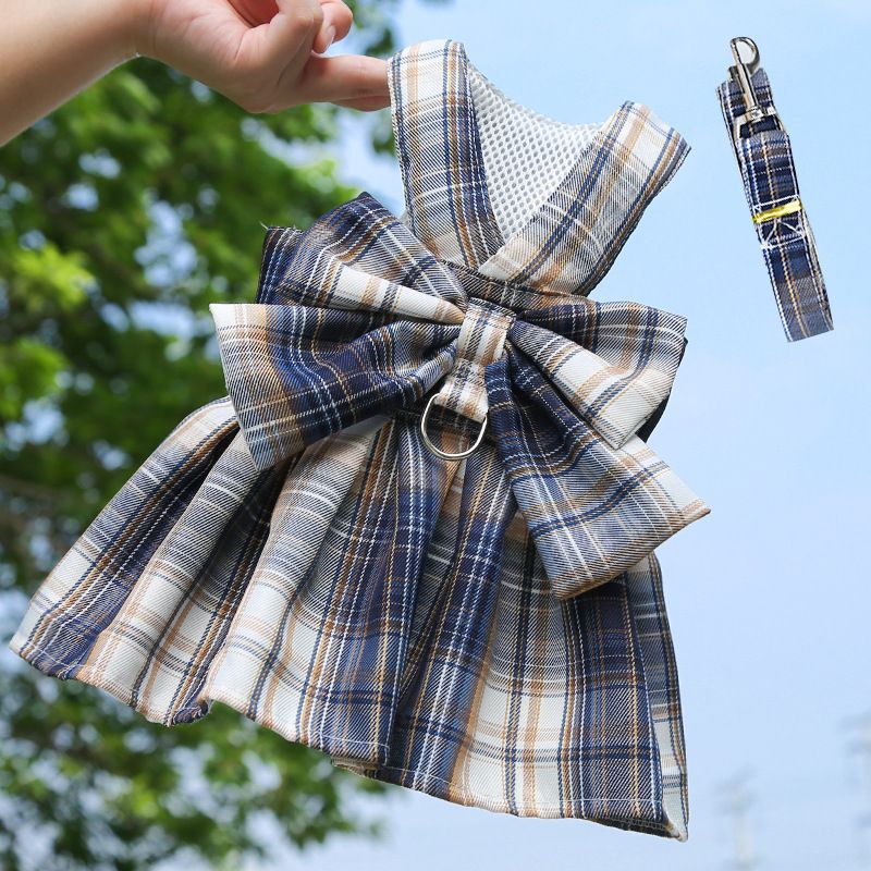 Plaid Pet Dog Cat Vest Harness with Skirt 273 Skirt Traction Navy Blue S (recommended 1.50 kg-2.50 kg pets)