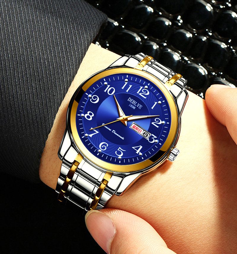 DEBLVE Men's Alloy Watch Luminous Dual Calendar... Men's Blue Face Gold Digital