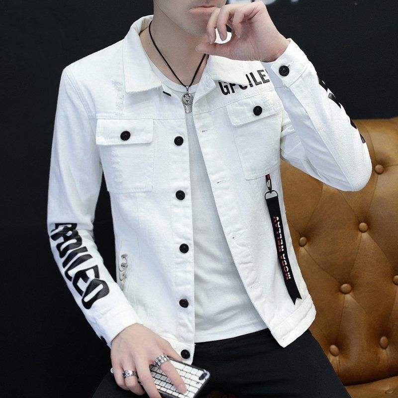 Tiwang Men Slim Korean Denim Jacket Long Sleeve Tide Brand House 181 White Size: L; Height (cm): 170-175; Weight (kg): 65-75; Bust (cm): 104; Shoulder width (cm): 45; Length (cm): 68; Sleeve length (cm): 62
