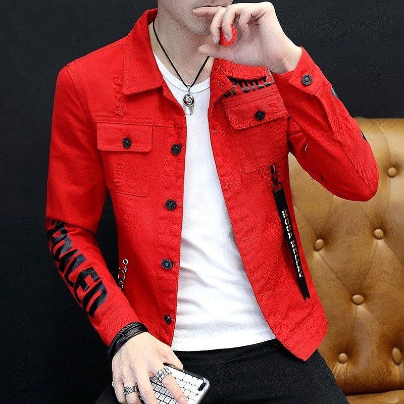Tiwang Men Slim Korean Denim Jacket Long Sleeve Chao Brand House 181 Red XXL Size: 2XL; Height (cm): 180-185; Weight (kg): 85-95; Bust (cm): 112; Shoulder width (cm): 47; Length (cm): 72; Sleeve length (cm): 66