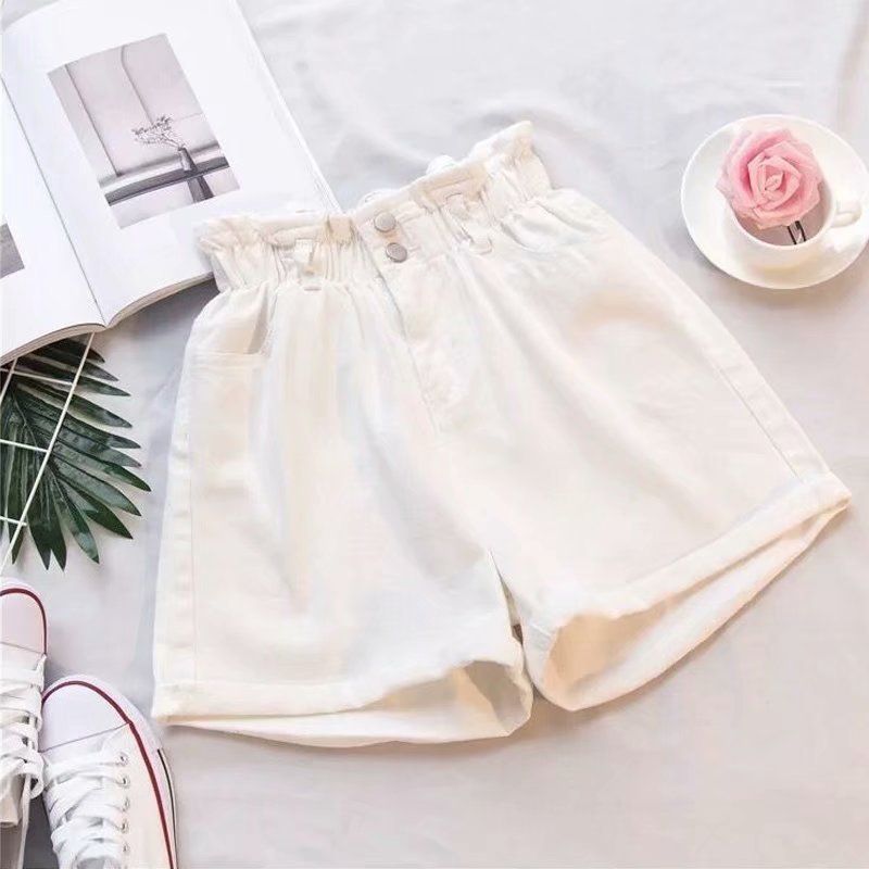 Women Denim Shorts High Waist Wide Leg Cotton White