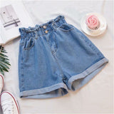 Women Denim Shorts High Waist Wide Leg Cotton Blue