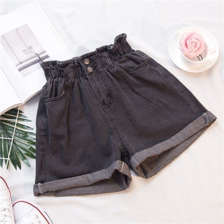 Women Denim Shorts High Waist Wide Leg Cotton Black Gray