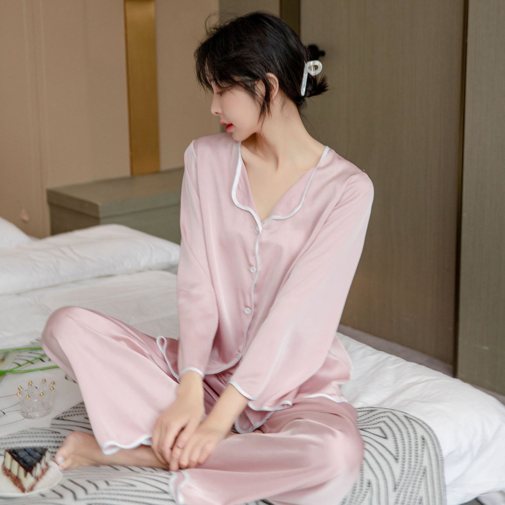 Ming Yu Ya Si Ice Silk Pajamas Set Long Sleeve Pink