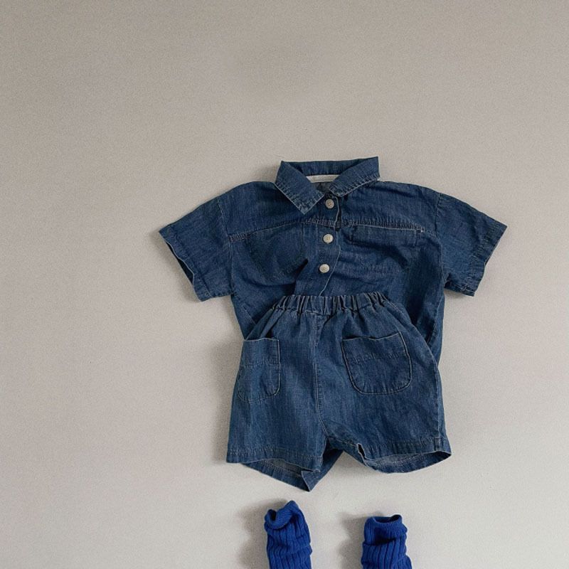 A-lebabay Infant Denim Shirt Shorts Set Summer Dark blue 100cm