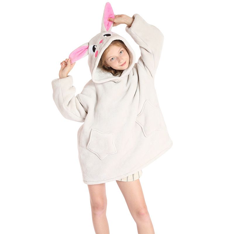Childrens Cartoon Flannel Hooded Blanket Polyester Children's winter clothing gray rabbit All yards