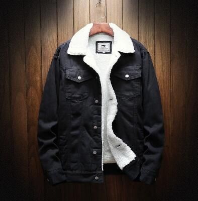 Men Fleece Lined Denim Jacket Korean Style Thick... Pure black 6XL