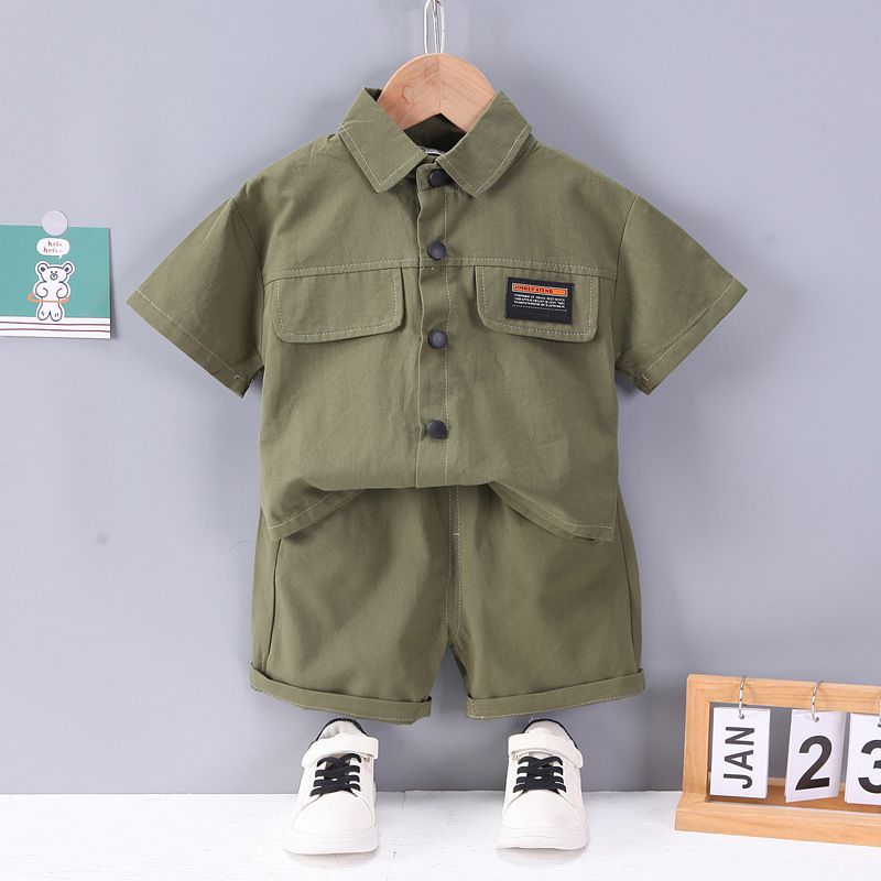 Cute Tail Bear Boys Summer Short Sleeve Shirt Pants Set Green 120cm