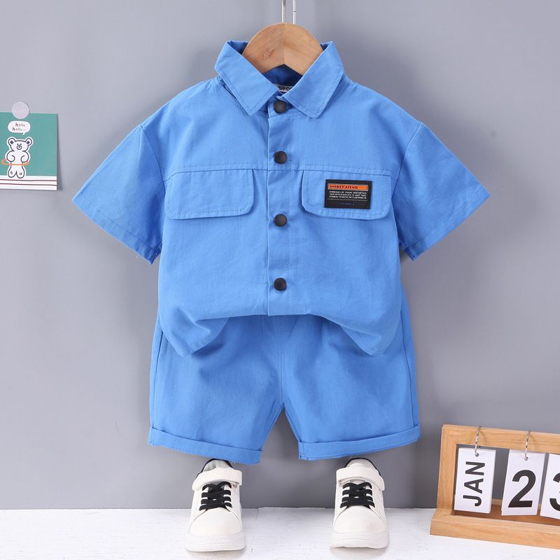 Cute Tail Bear Boys Summer Short Sleeve Shirt Pants Set Blue 120cm