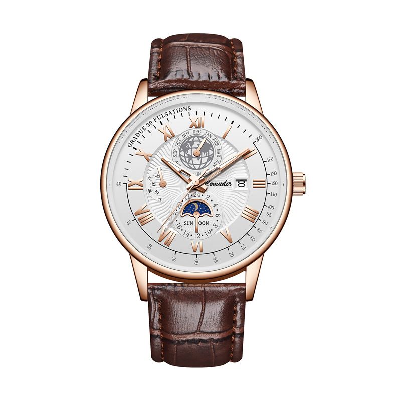Carmoudi Men's Quartz Watch 40mm Genuine Leather 109 white flour with black skin and silver shell