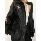 Women PU Leather Jacket Black Polo Collar Zipper Within S 95kg