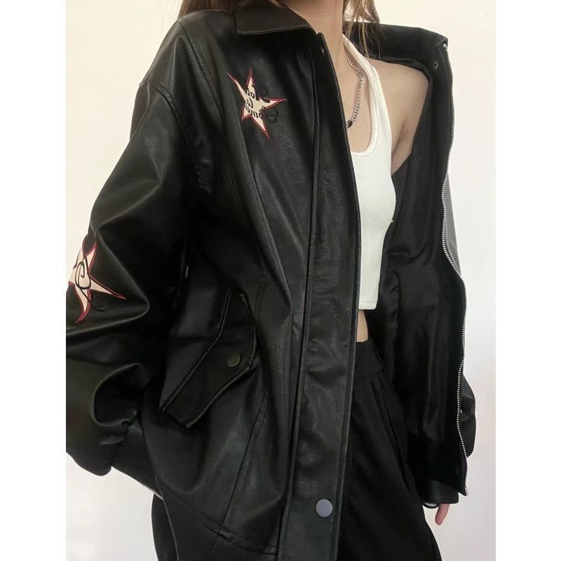 Women PU Leather Jacket Black Polo Collar Zipper Within S 95kg