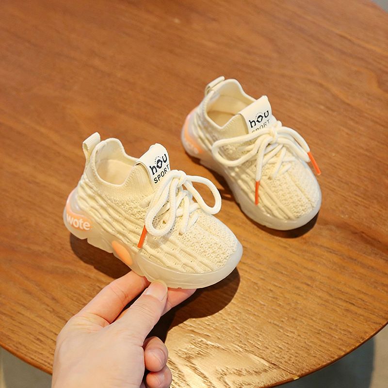 Baby Toddler Sneakers Mesh Knitted Soft Sole Beige White 25 yards within the length of 16cm