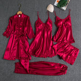 Women Five Piece Sleepwear Set Polyester V Neck Burgundy