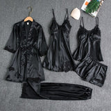Women Five Piece Sleepwear Set Polyester V Neck Black XXXL