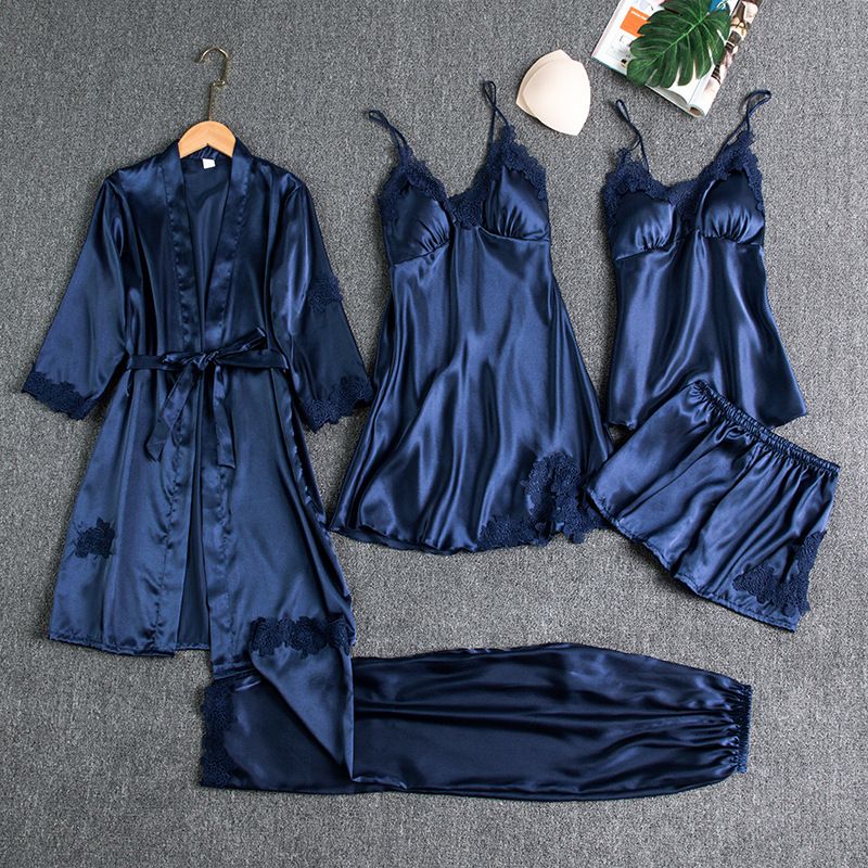 Women Five Piece Sleepwear Set Polyester V Neck Navy