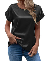 Mavis Women Satin T Shirt Short Sleeve Crewneck Black
