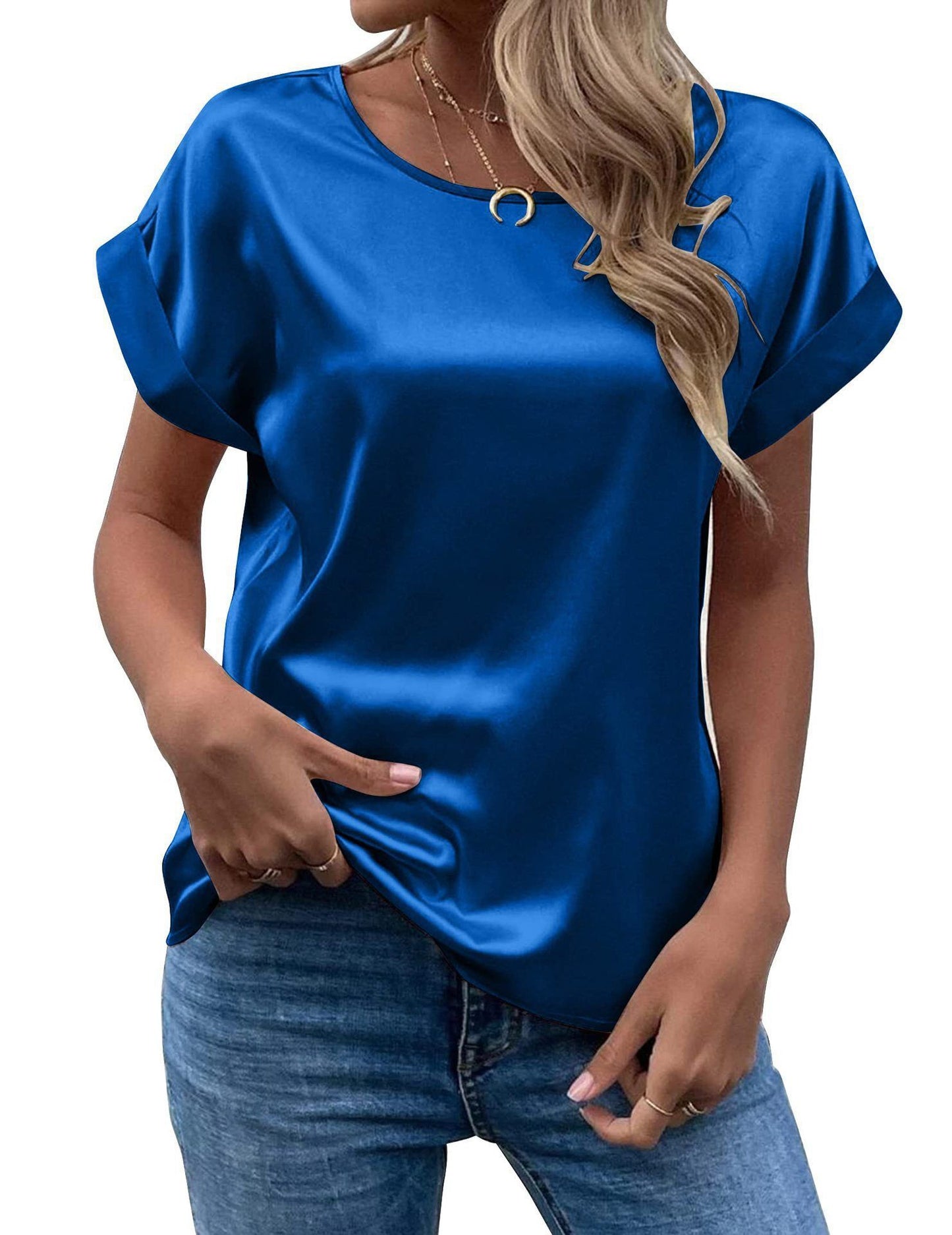 Mavis Women Satin T Shirt Short Sleeve Crewneck Blue