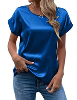 Mavis Women Satin T Shirt Short Sleeve Crewneck Blue XL