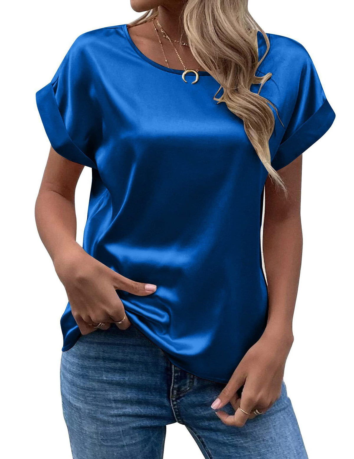 Mavis Women Satin T Shirt Short Sleeve Crewneck Blue XL