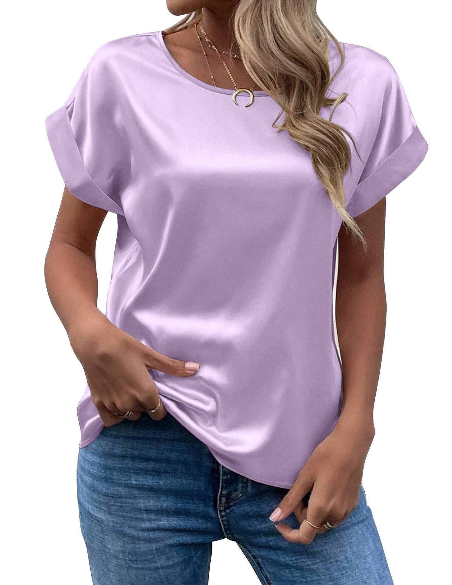 Mavis Women Satin T Shirt Short Sleeve Crewneck Light purple XL