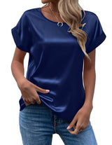 Mavis Women Satin T Shirt Short Sleeve Crewneck Navy blue