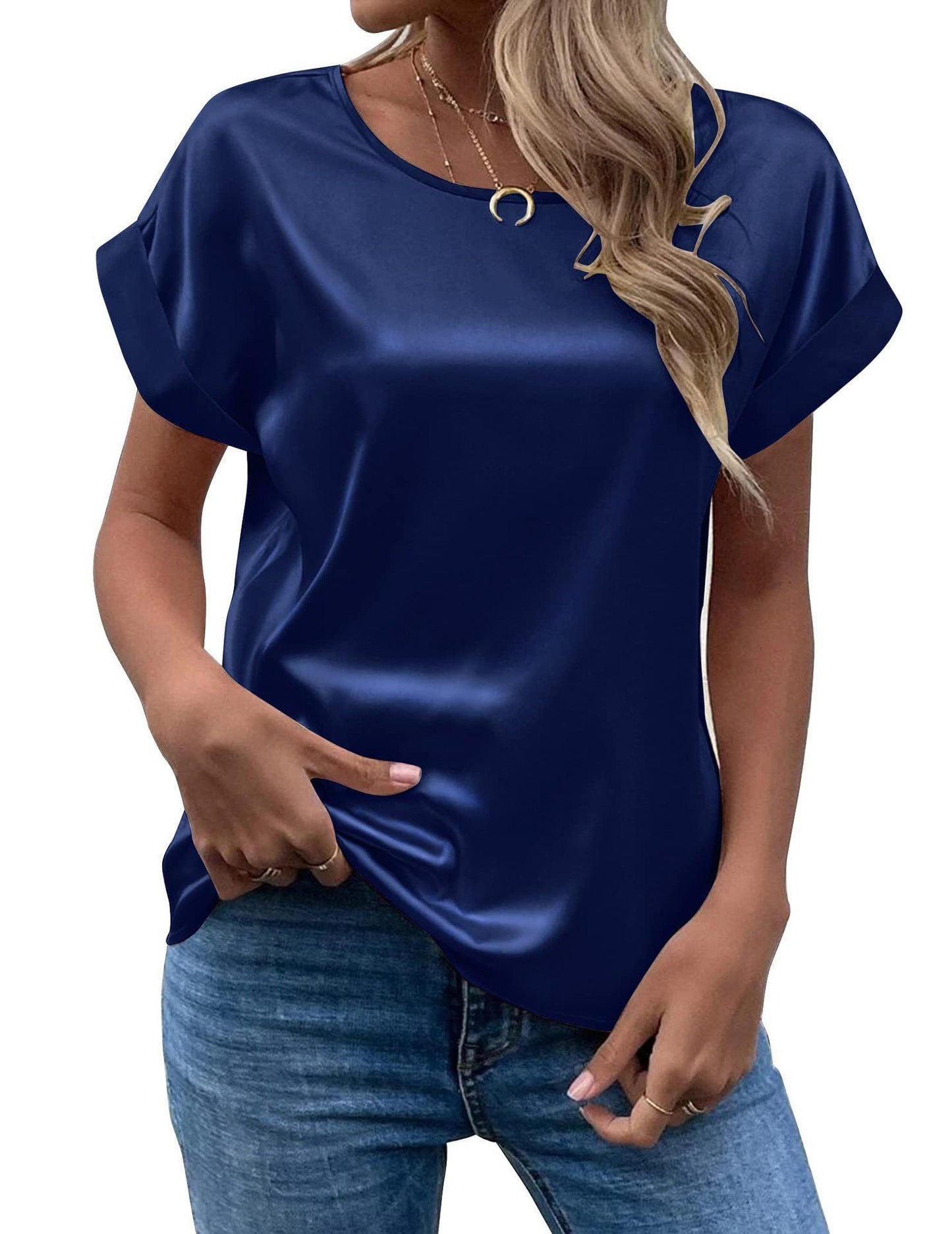Mavis Women Satin T Shirt Short Sleeve Crewneck Navy blue 2XL