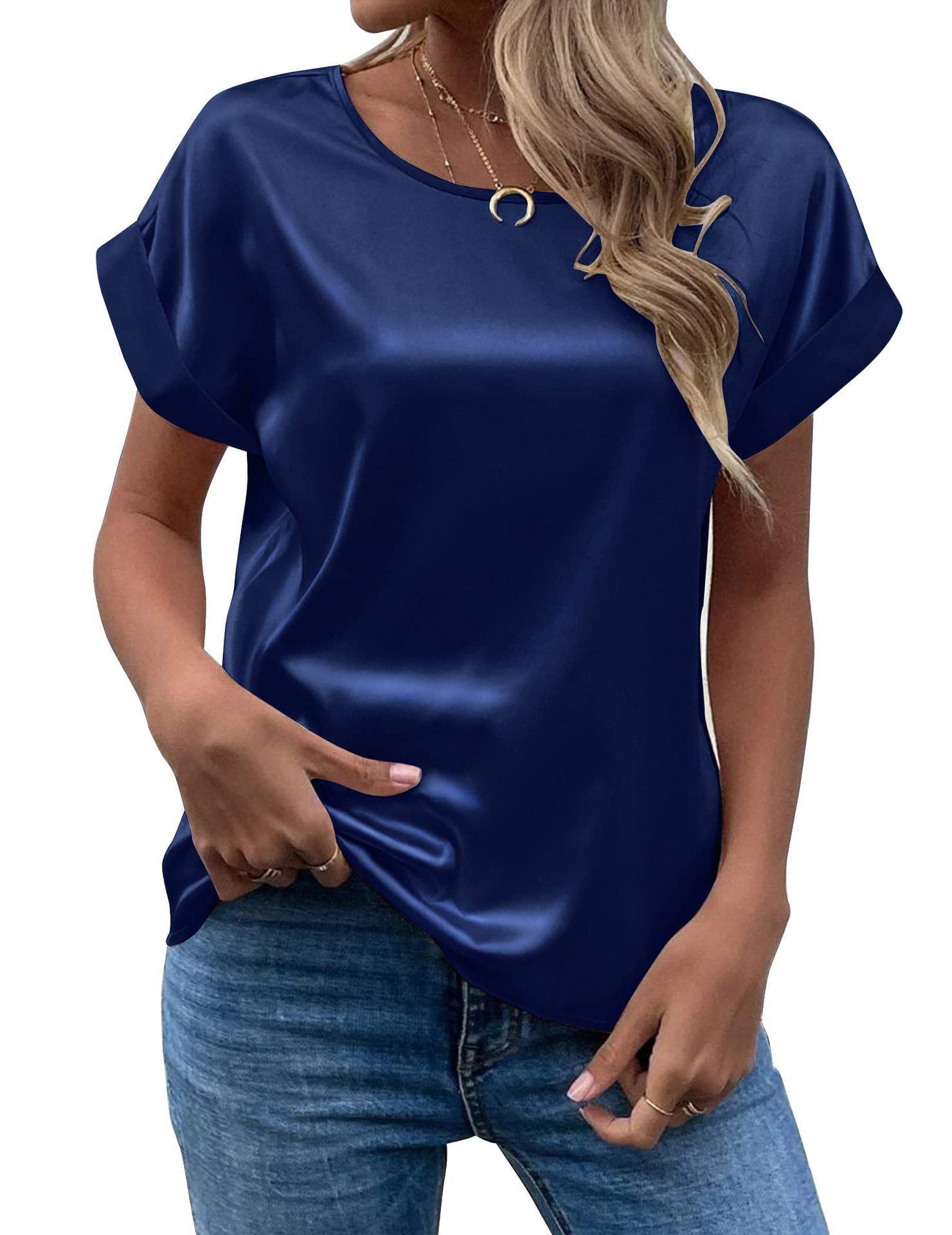 Mavis Women Satin T Shirt Short Sleeve Crewneck Navy blue 2XL