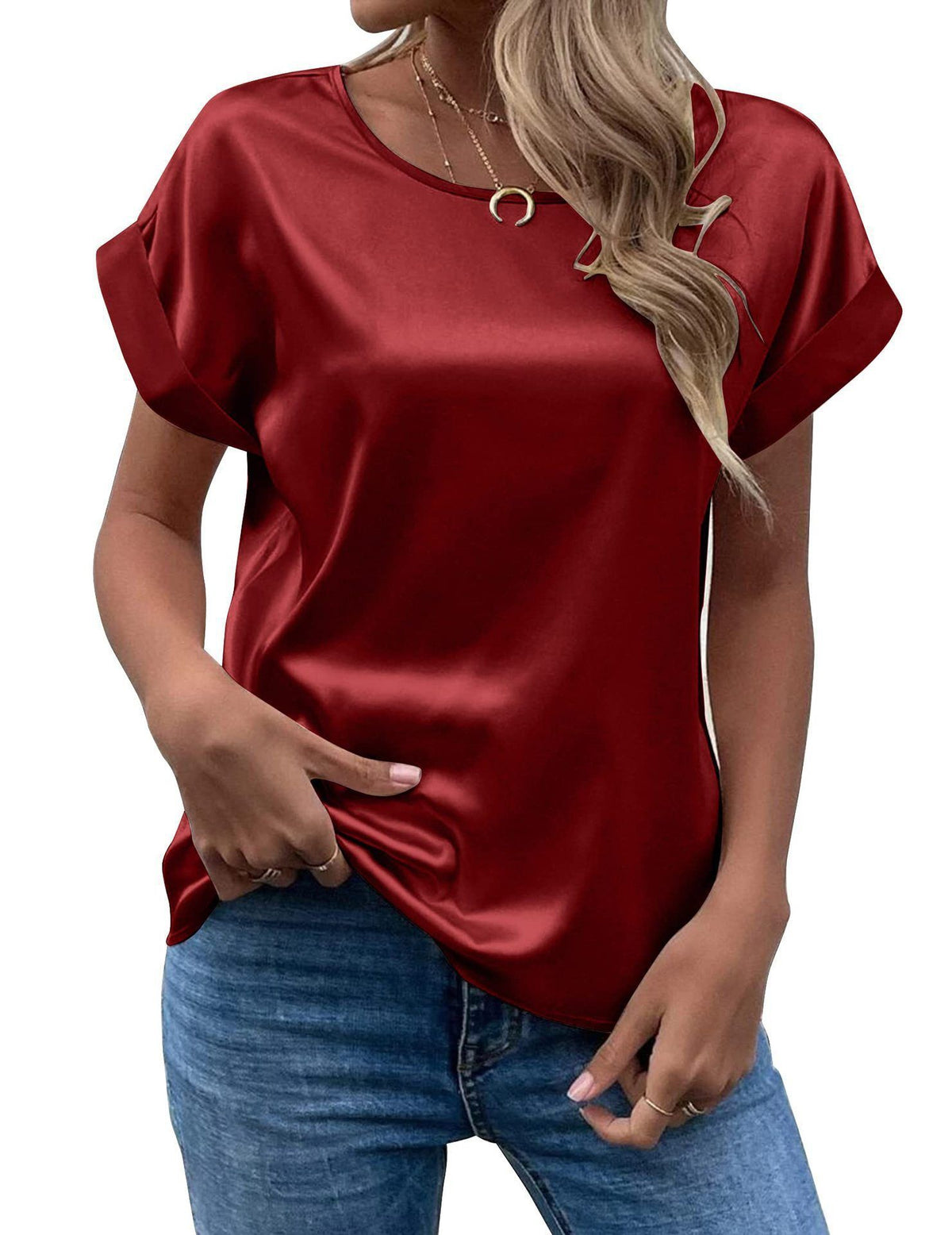 Mavis Women Satin T Shirt Short Sleeve Crewneck Burgundy