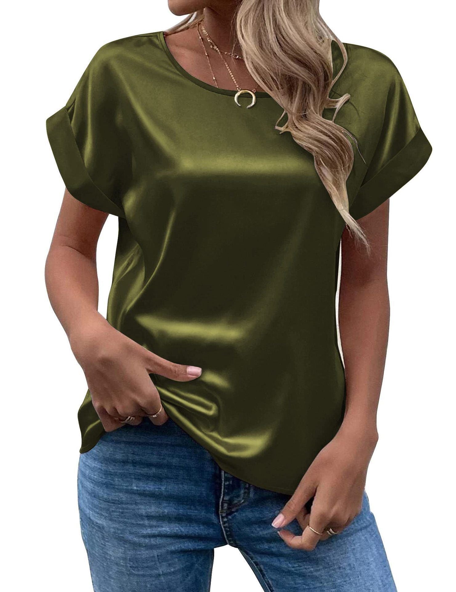 Mavis Women Satin T Shirt Short Sleeve Crewneck Army Green