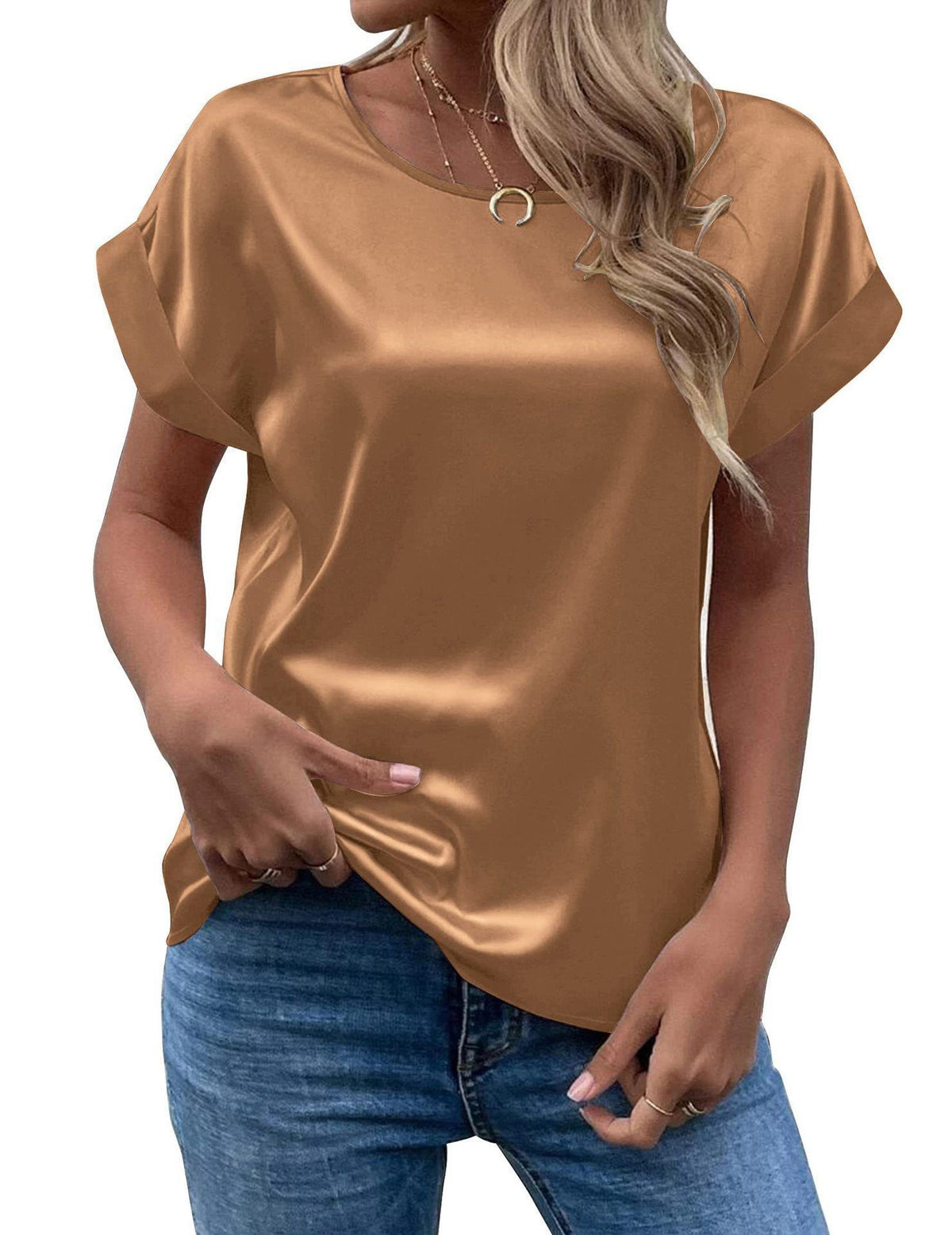 Mavis Women Satin T Shirt Short Sleeve Crewneck Khaki