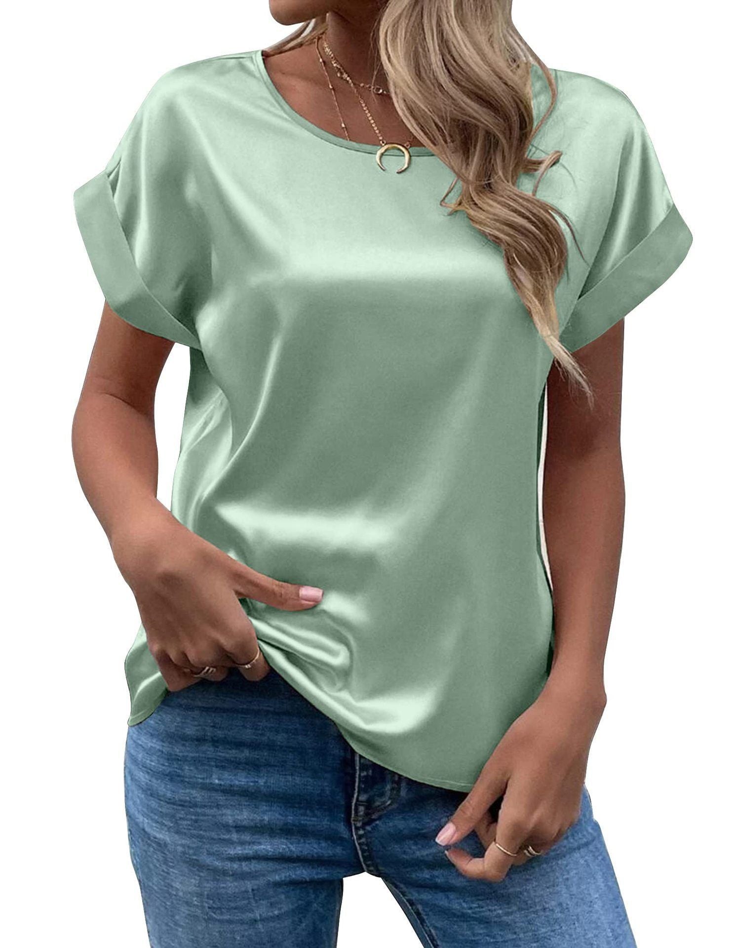 Mavis Women Satin T Shirt Short Sleeve Crewneck Light green