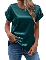 Mavis Women Satin T Shirt Short Sleeve Crewneck Dark green 2XL