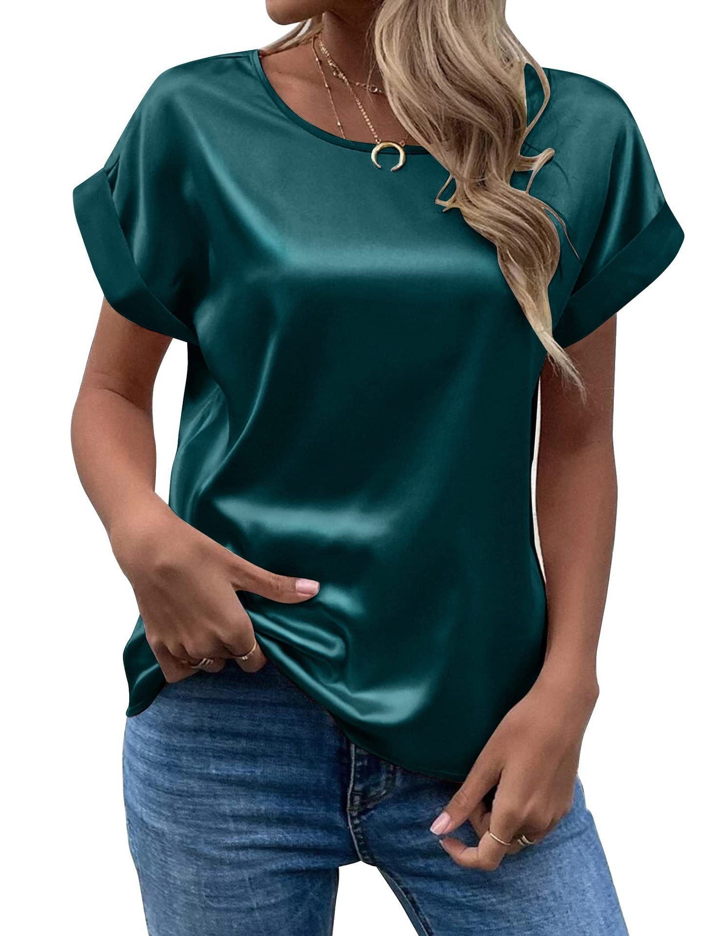 Mavis Women Satin T Shirt Short Sleeve Crewneck Dark green 2XL