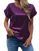 Mavis Women Satin T Shirt Short Sleeve Crewneck Dark purple