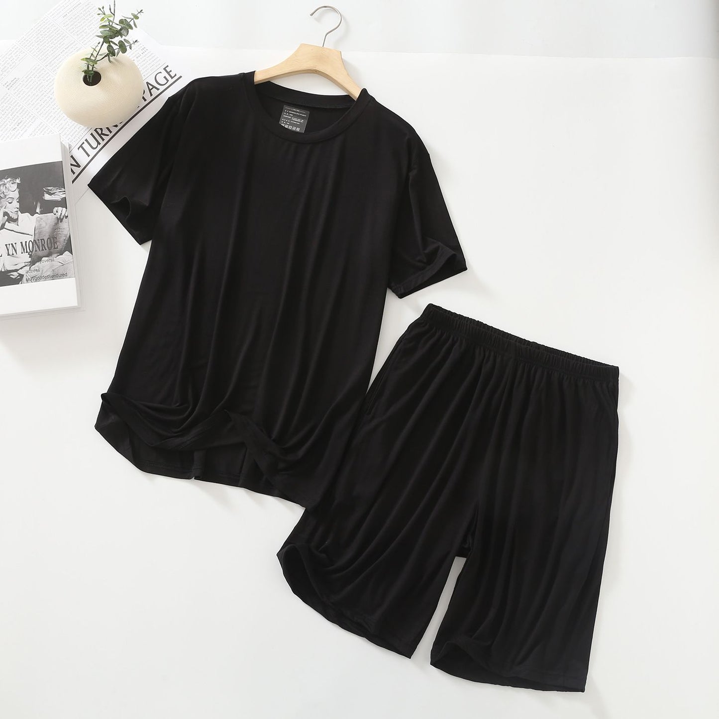 MYAHS Men Modal Sleepwear Set Short Sleeve Shorts Black L (45.00 kg-67.50 kg