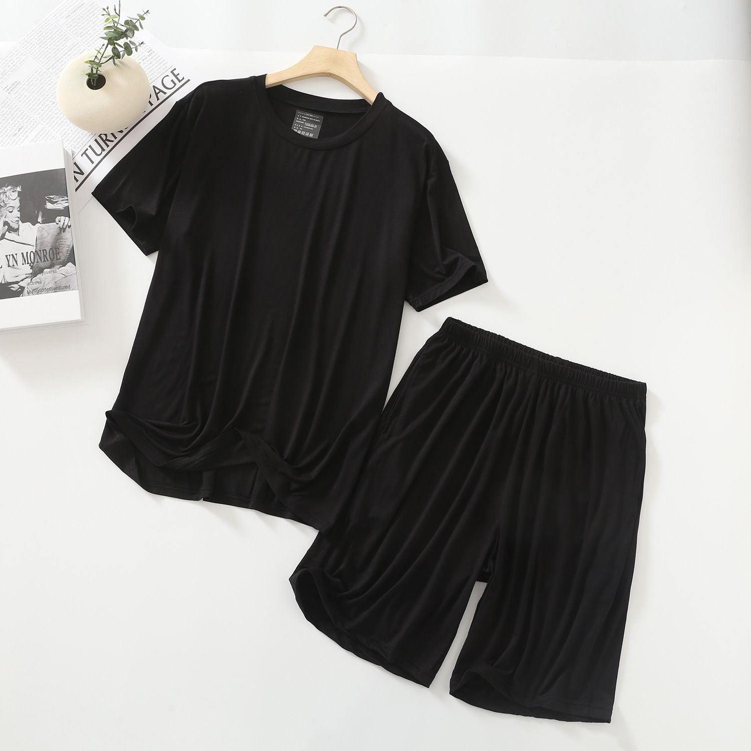 MYAHS Men Modal Sleepwear Set Short Sleeve Shorts Black XXL (82.50 kg-110.00 kg