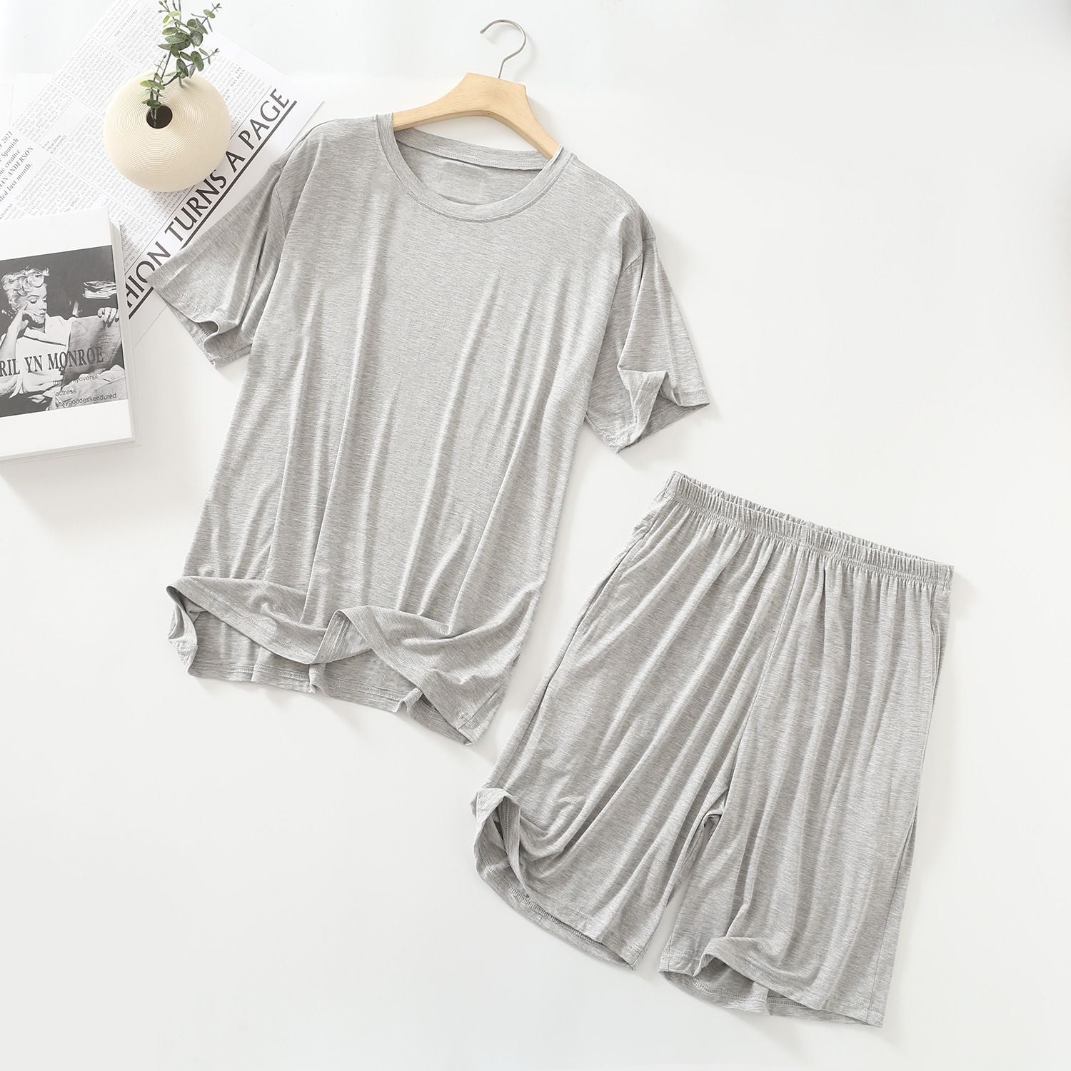 MYAHS Men Modal Sleepwear Set Short Sleeve Shorts Light gray L (45.00 kg-67.50 kg
