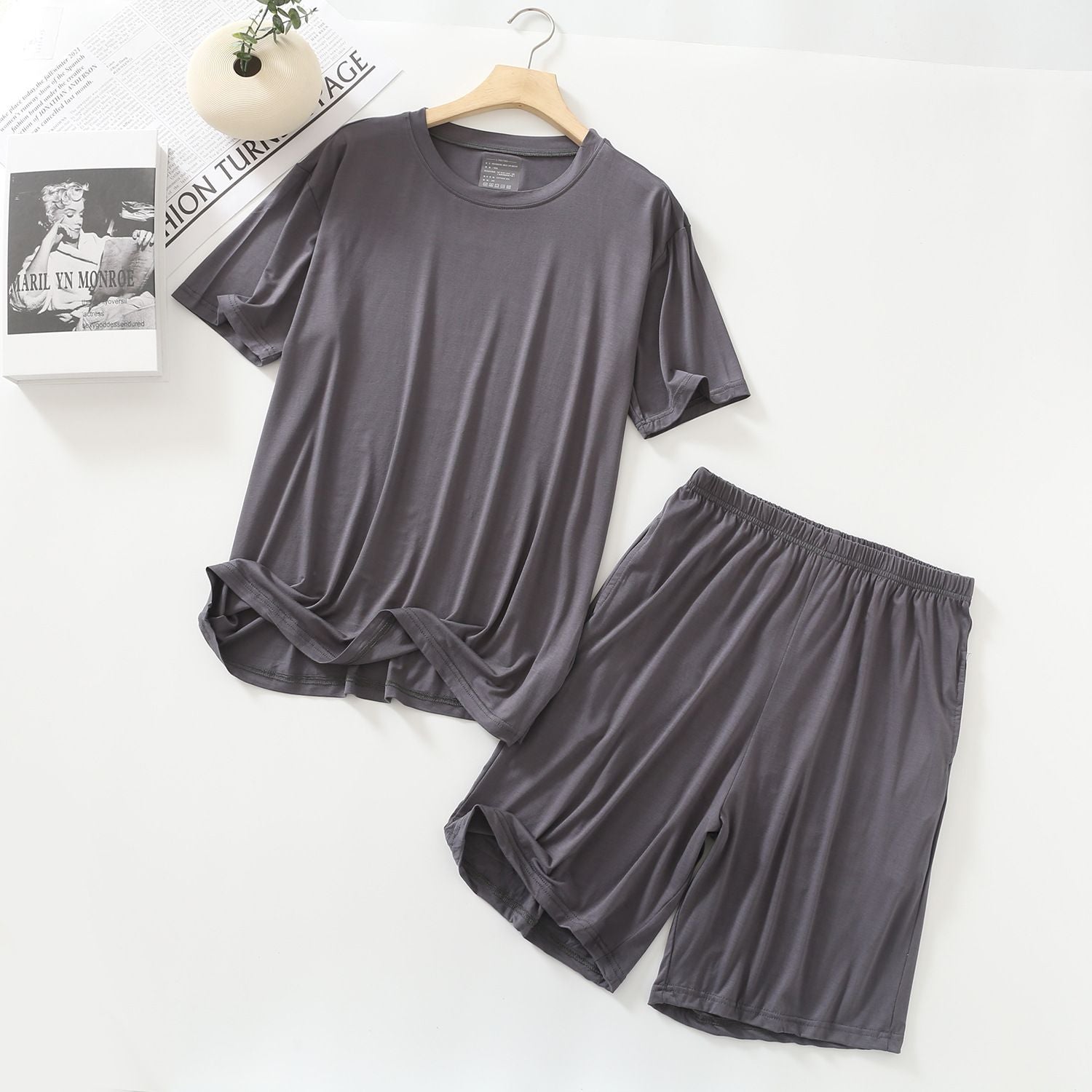 MYAHS Men Modal Sleepwear Set Short Sleeve Shorts Iron Gray XXL (82.50 kg-110.00 kg