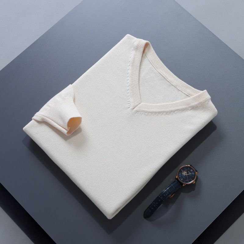 Men V Neck Pullover Knitwear Loose Long Sleeve Beige