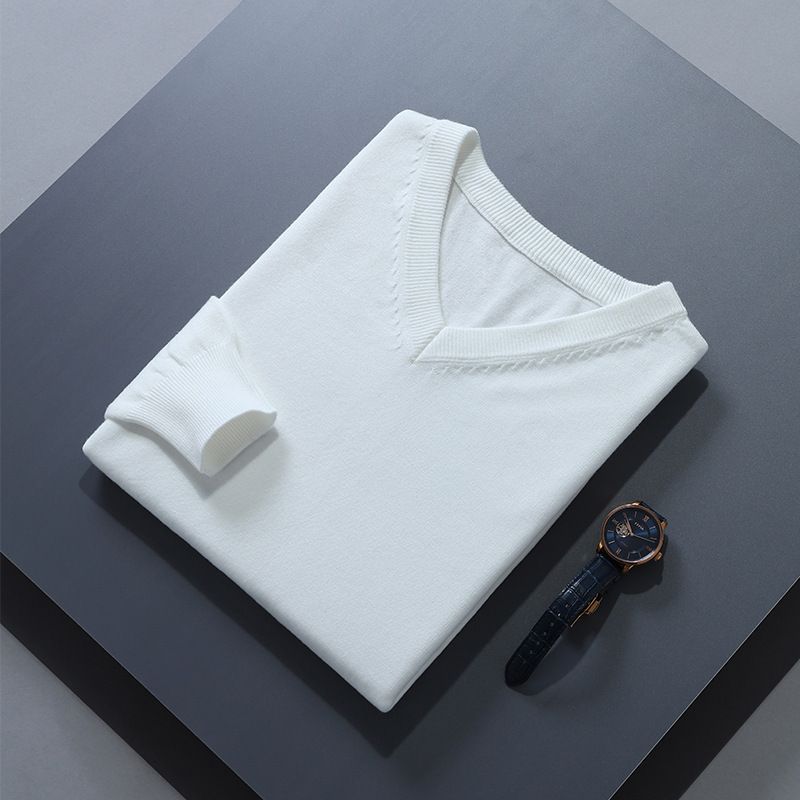 Men V Neck Pullover Knitwear Loose Long Sleeve White