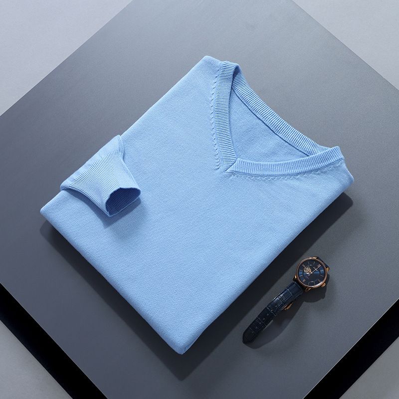 Men V Neck Pullover Knitwear Loose Long Sleeve Light Blue